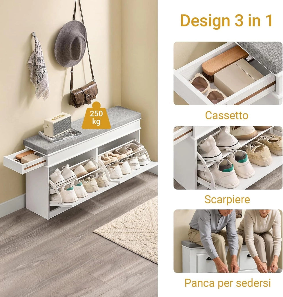 Scarpiera Salvaspazio Slim con Seduta Panca Scarpiera da Ingresso Contenitore in Legno Mobile Ingresso per Scarpe, 104x24x54cm Effetto Legno Invecchiato Bianco FSR64-WG