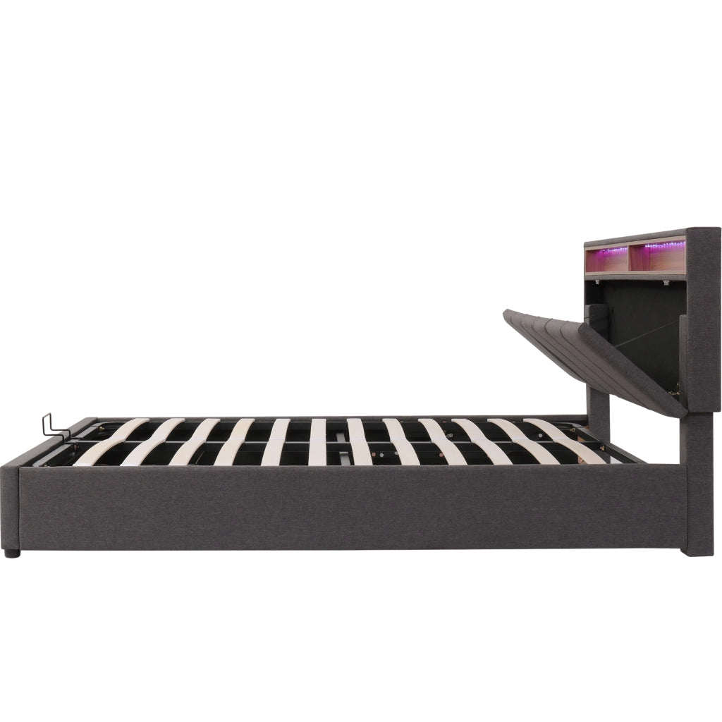 OKWISH Letto Contenitore 140×200 cm, Letto Matrimoniale con LED Regolabile, Vano Contenitore e Cassetti e Scomparti, senza Materasso, Lino, Grigio