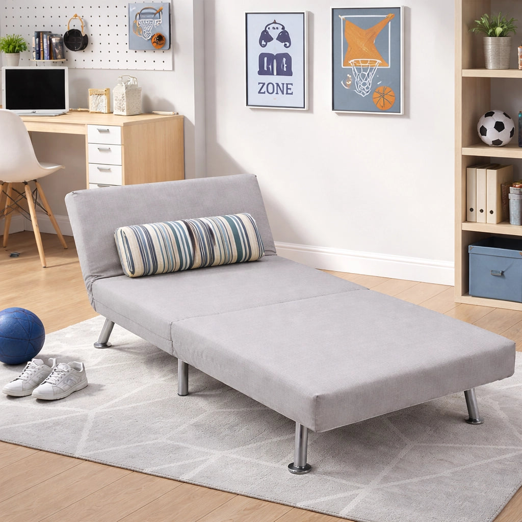 Poltrona Letto 1 Posto Schienale Reclinabile in Metallo e Tessuto 75x73x73 Salvaspazio Grigio Chiaro