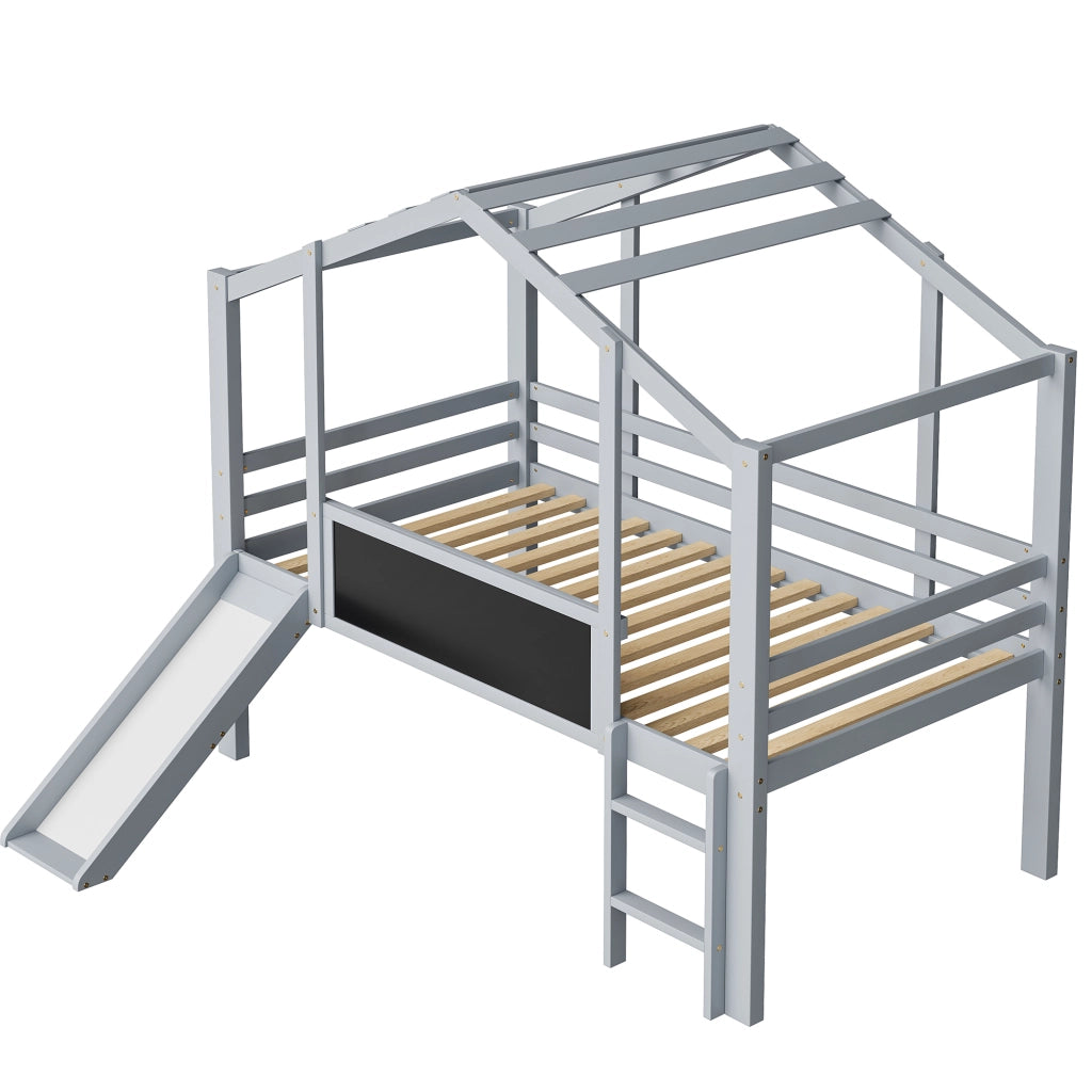 LETTO a soppalco per bambini 90 x 200 cm grigio in legno con scivolo e lavagna