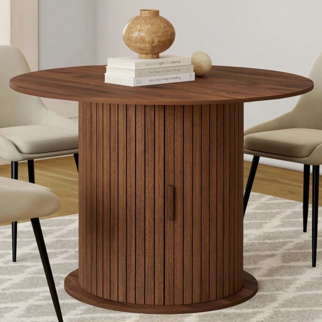 IDMarket - JULIETTE Tavolo da pranzo rotondo allungabile per 4-8 persone con gambe a doghe e contenitore in noce 110-150 cm