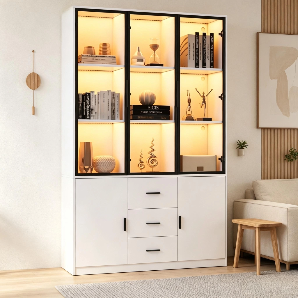 Vetrina alta con LED RGB, 5 ante, 3 cassetti, 13 scomparti, 120x30x200 cm, bianco