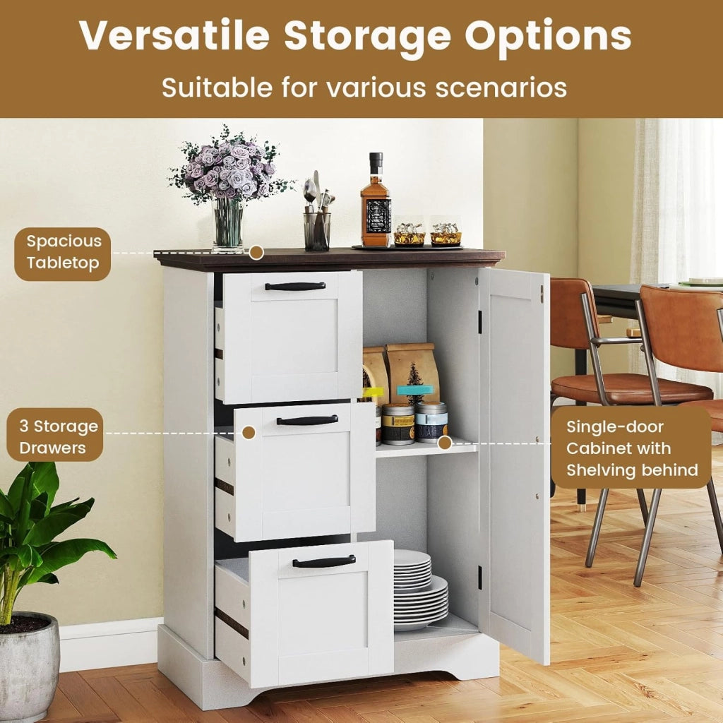 Credenza Cucina con 3 Cassetti e Armadio con Ante, Mobile Cucina Dispensa con Kit Antiribaltamento, Mobiletto Cucina, per Soggiorno, Sala da Pranzo, 60 x 30 x 80 cm (Bianco)