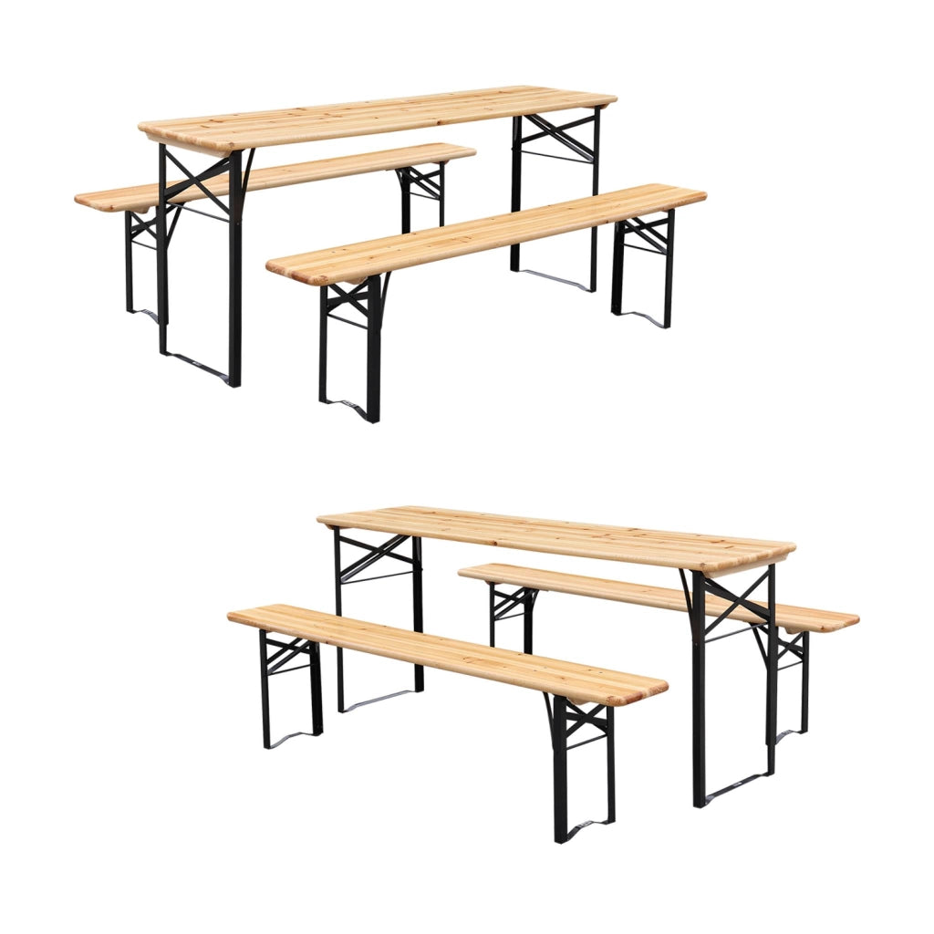 Set 2 tavoli da giardino pieghevoli in legno con 2 panche, marrone