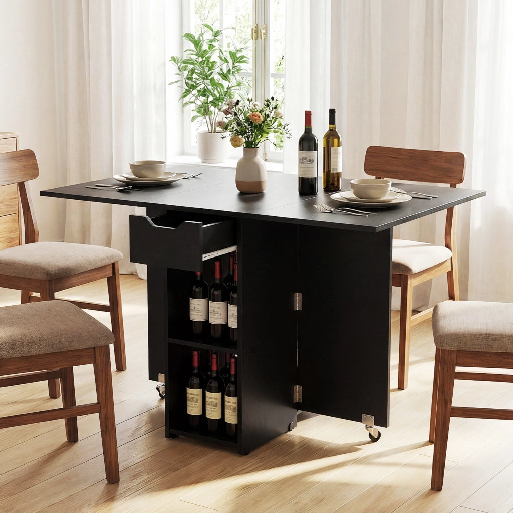 Tavolo pranzo pieghevole 2 ruote ribalta piccoli spazi 2 ripiani-Tavolo cassetto Nero