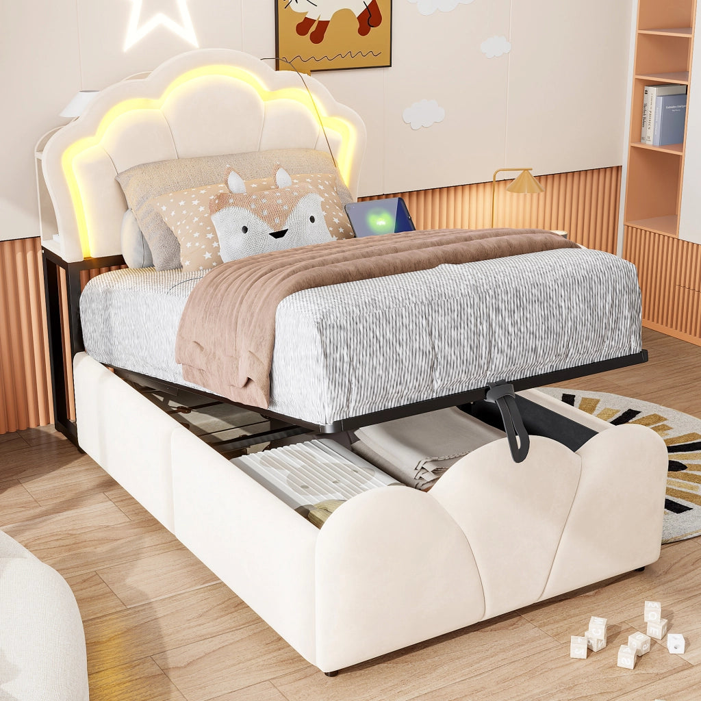 LETTO imbottito 90x200 cm in velluto beige con contenitore idraulico, LED e prese