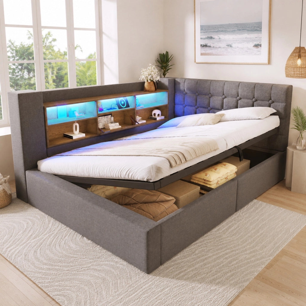 Letto imbottito 140x200 cm grigio con LED, USB e contenitore