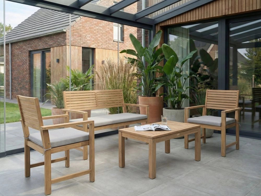 Set da giardino grigio in legno di acacia certificato con tessuto 4 posti con tavolino divano 2 sedie resistenti all'acqua e ai raggi UV