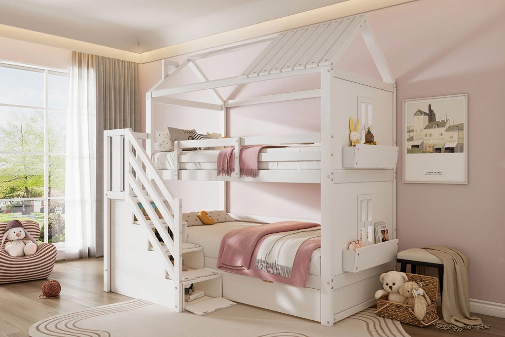 Letto a castello per bambini 90x200 cm con scala contenitore, cassetti e ripiani, senza materasso, bianco