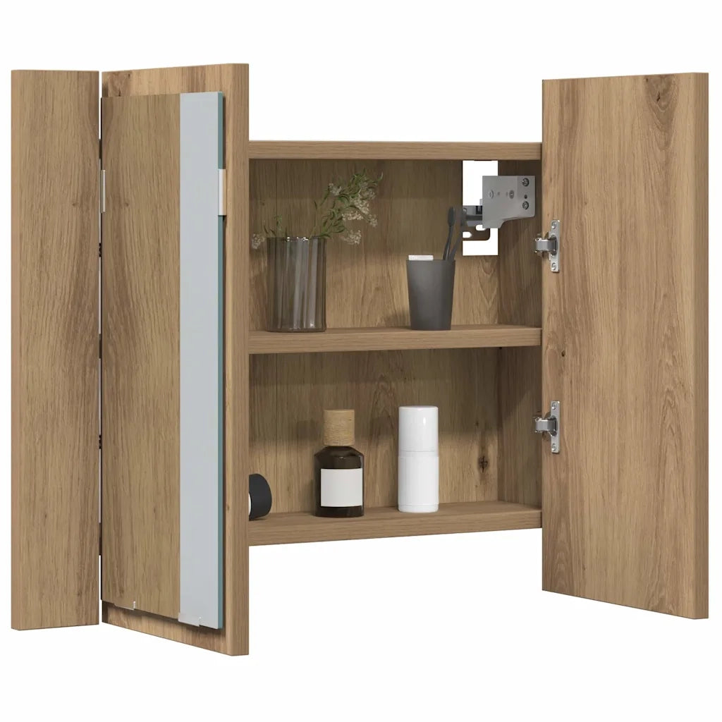 Mobile Specchio LED-Armadietto a Specchio da Bagno Rovere Artigianale 60x12x45 cm Multistrato