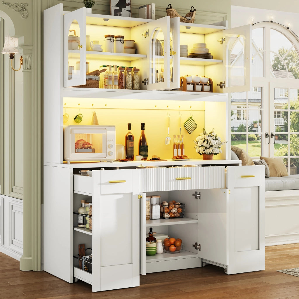 Credenza con 3 vetrine; LED RGB e vani scorrevoli - per cucina - 120x40x187 cm - bianco