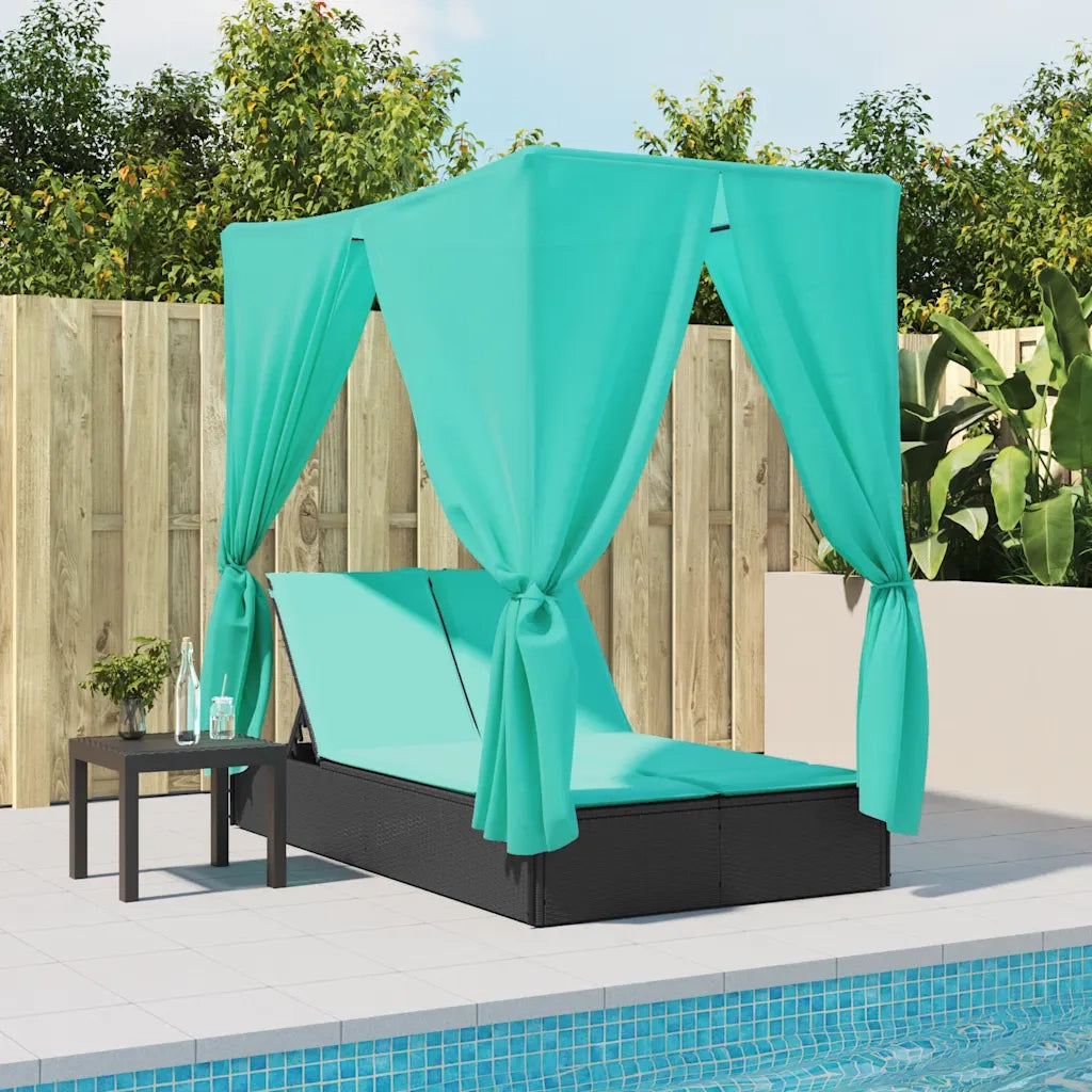 Lettino Prendisole con Tetto e Tende Nero in Polyrattan 368080