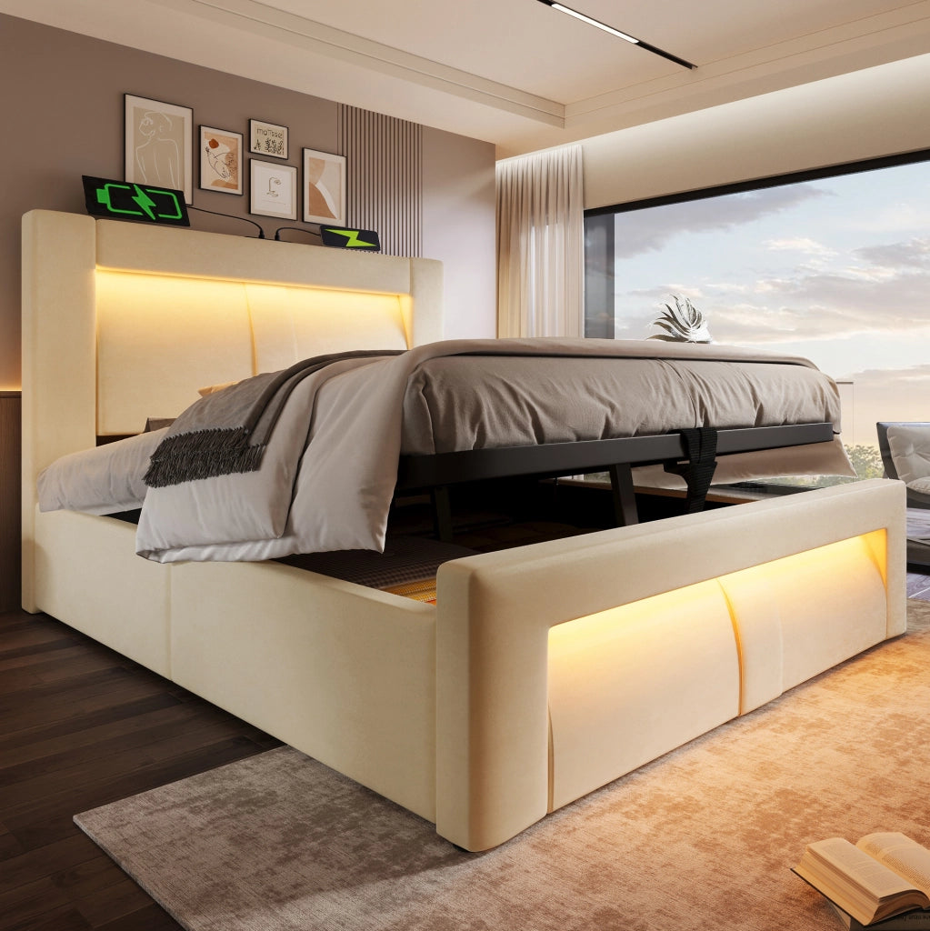Letto singolo 90x200 cm con contenitore; LED; USB e Type-C; testiera curva in velluto beige