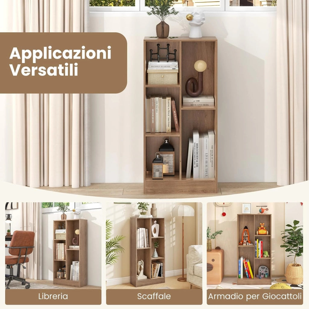Libreria a 5 Cubi, Organizzatore di Stoccaggio Autoportante a 3 Livelli con 2 Kit Antiribaltamento, Mensola in Legno per Soggiorno Camera da Letto Ufficio, 50x24x104 cm (Naturale)