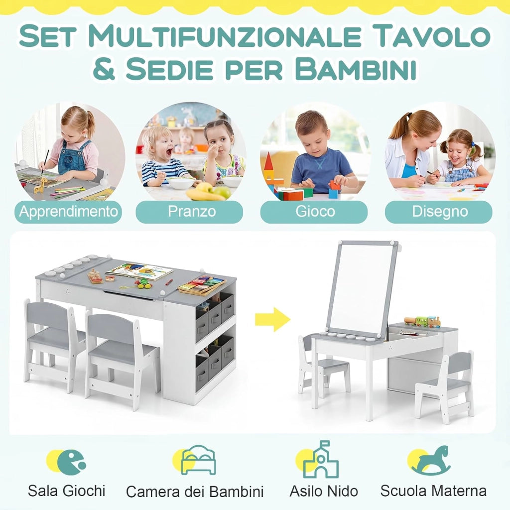 Set Tavolo da Disegno e Cavalletto per Bambini 3+ Anni con 2 Sedie, Tavolo Multifunzione in Legno con Piano Sollevabile, Rotolo di Carta, 6 Bicchieri di Vernice (Grigio)
