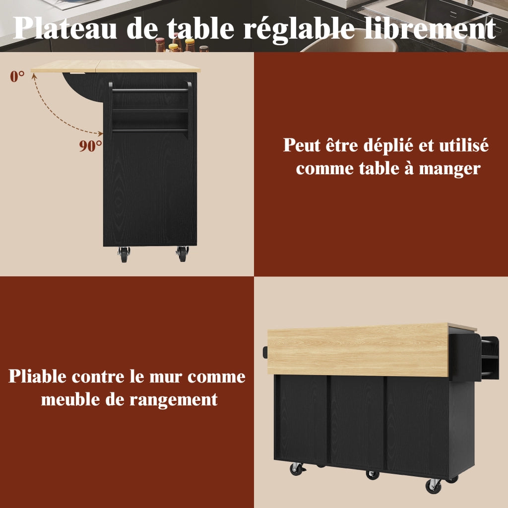 Carrello da cucina con piano ribaltabile; vani contenitore e ruote bloccabili; MDF nero; 110 x 46 x 90;5 cm