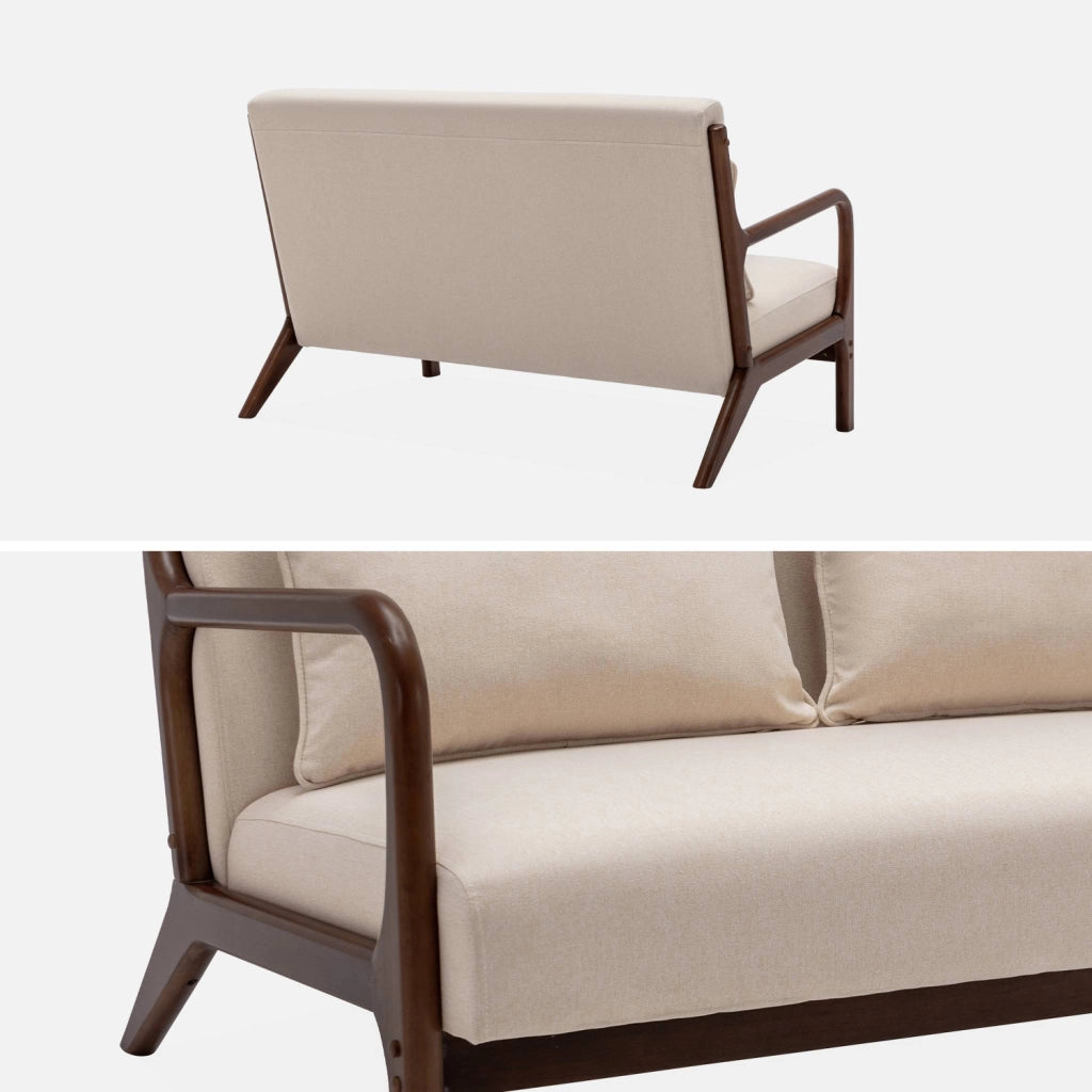 Panca stile scandinavo in legno di hevea e tessuto, 2 posti, beige