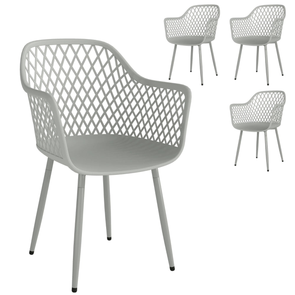 Set di 4 sedie da giardino in plastica con braccioli, schienale avvolgente e gambe in metallo, 56 x 51 x 84 cm, grigio