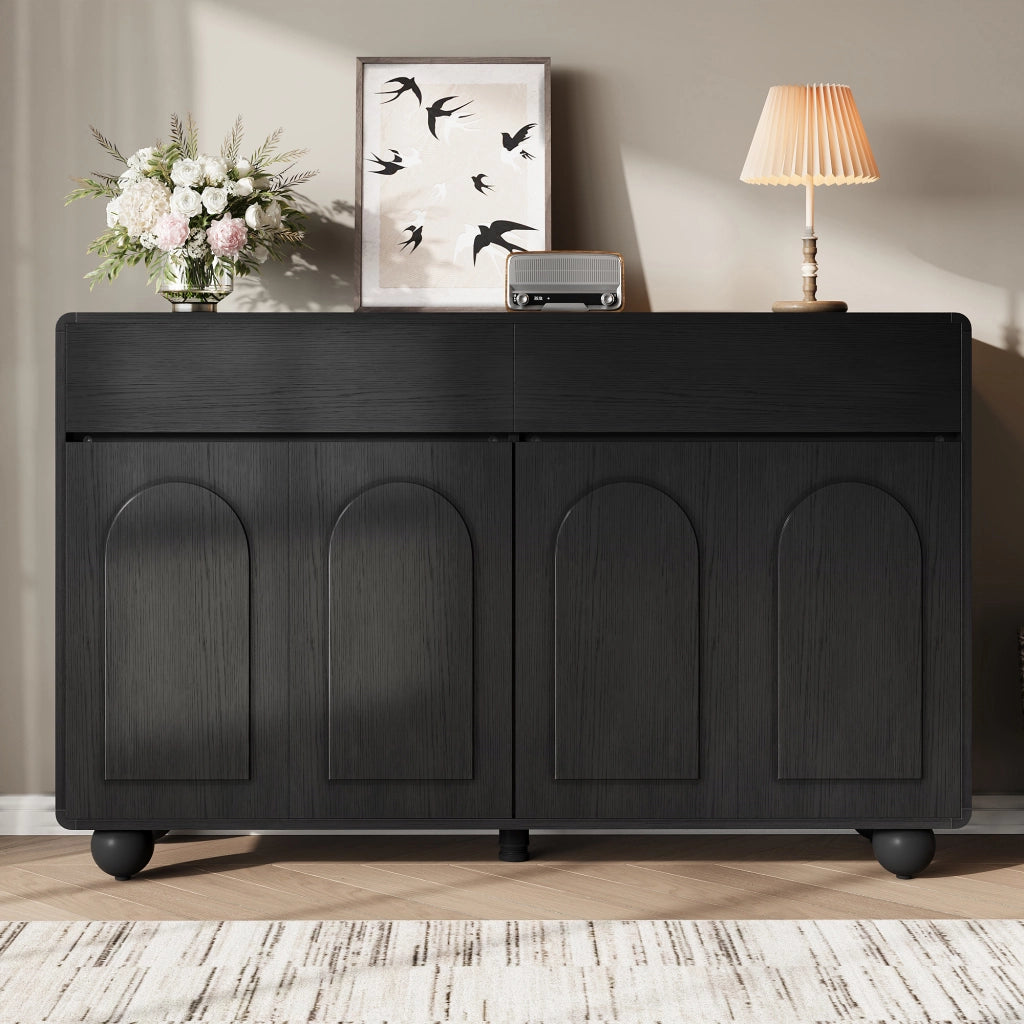 Credenza e madia con 2 cassetti, 4 ante e ripiani regolabili, in MDF e PB, per soggiorno, nero, 140 × 38 × 89 cm