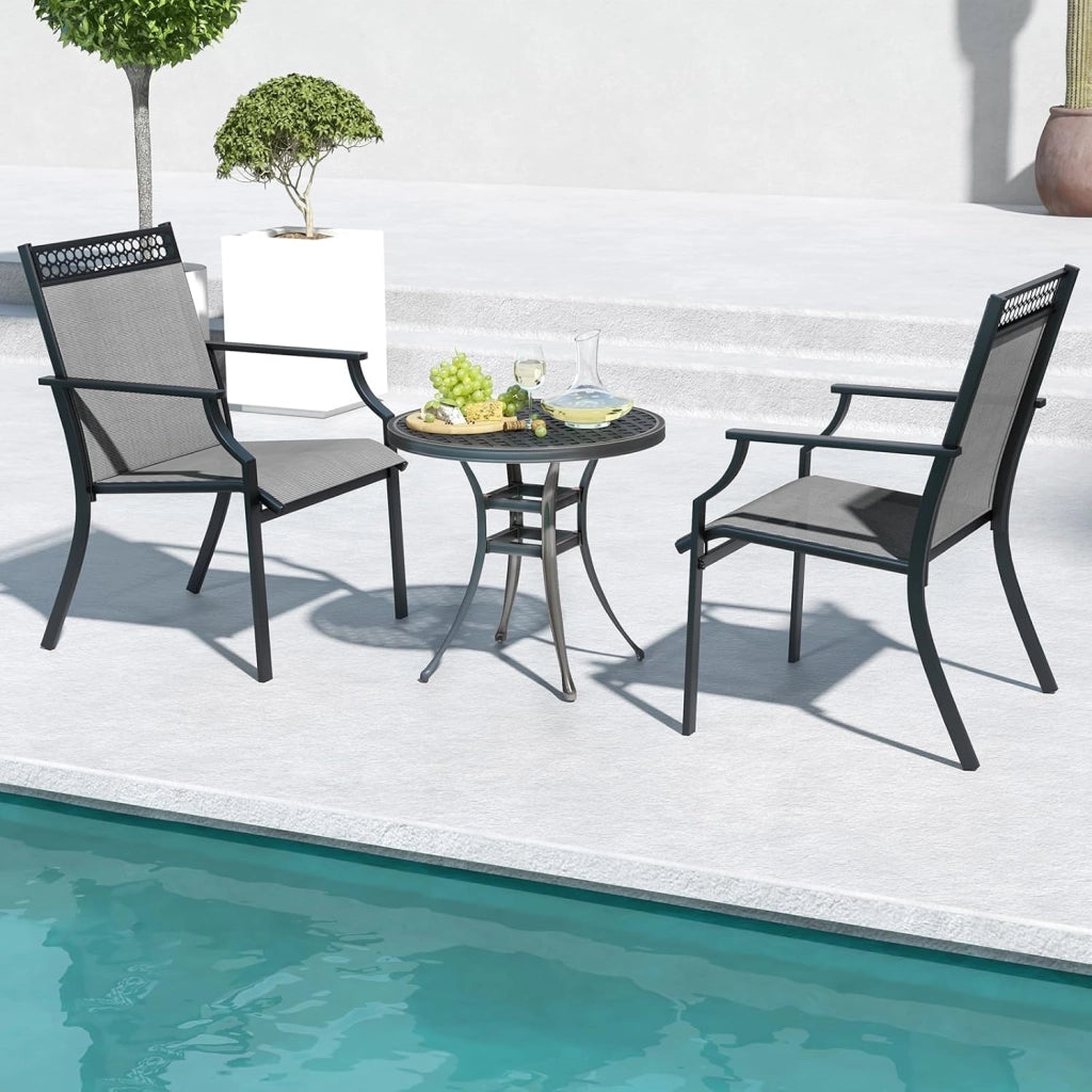 Set di 2 Sedie da Giardino in Textilene, Sedie da Esterno con Schienale Alto, Braccioli, Robusto Telaio in Metallo, Fino a 150 kg, per Patio Terrazza Balcone (Grigio+Nero)