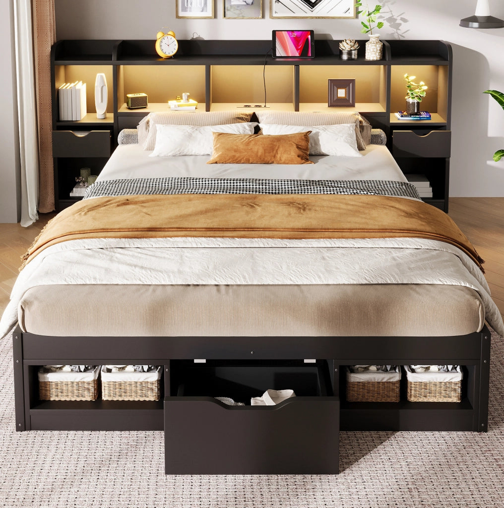 Letto platform 140 x 200 cm con 3 cassetti; vani portaoggetti; LED e USB; nero