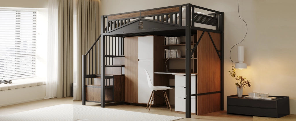 Letto a castello in metallo e legno nero 90x200 cm con recinzione di sicurezza e scala integrata