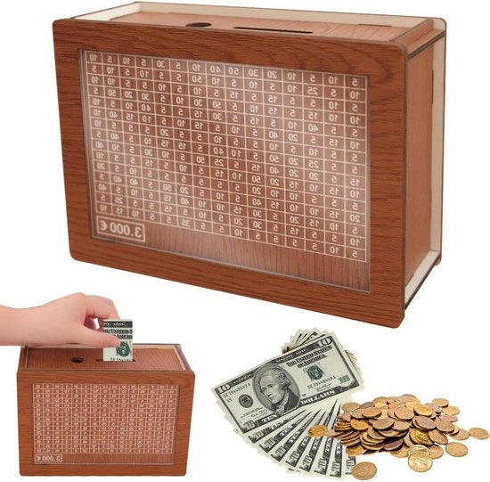 Cassa di Risparmio in Legno per Adulti con Piatto e Strumento di Conteggio - Decorazione per la Casa Regalo di Compleanno - €3000 Lichtbruin