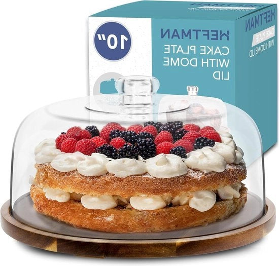 Piatto da torta con sostegno - 254 cm piatto da torta in legno di acacia antiscivolo con sostegno in acrilato trasparente per torte - coperchio a cupola per torte di compleanno e piatti di formaggio