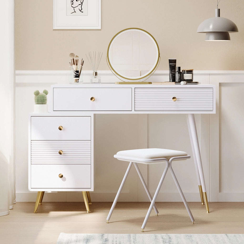 Tavolo da toeletta con specchio illuminato; mobile laterale regolabile; piano estraibile; Bianco; B100×H78×P40cm (senza sgabello)