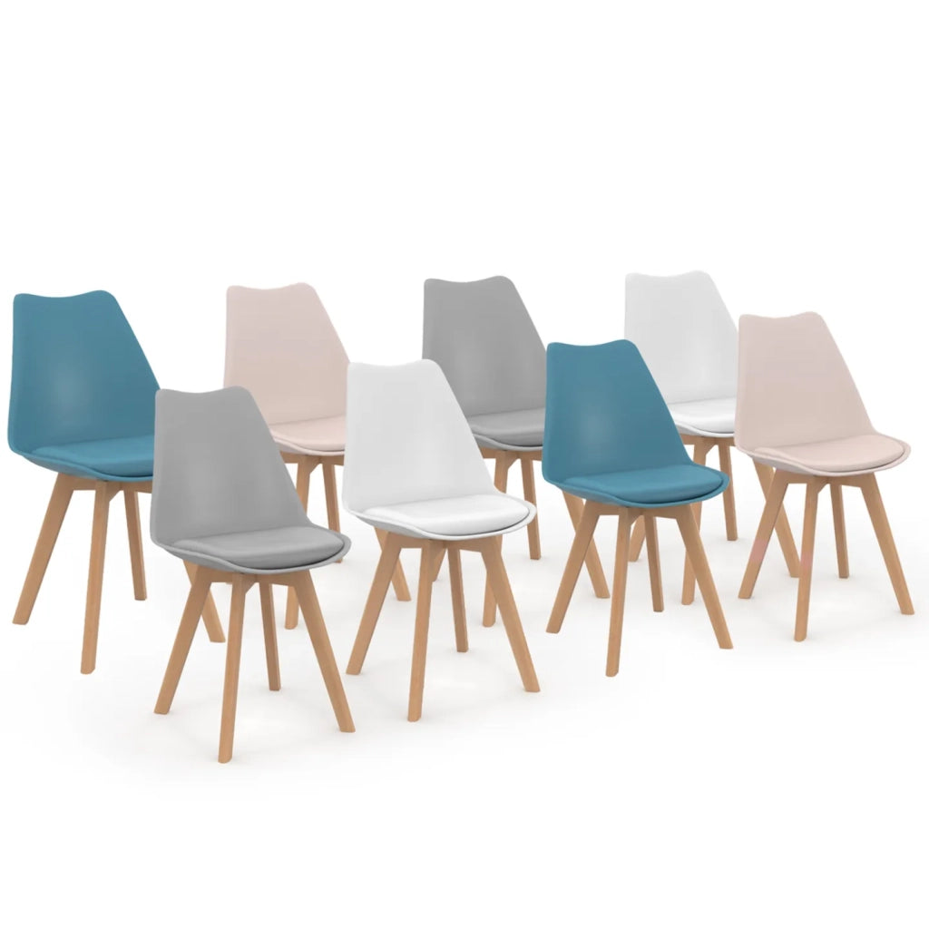 IDMarket - Set di 8 sedie scandinave SARA mix rosa pastello x2, bianco x2, grigio chiaro x2, blu x2