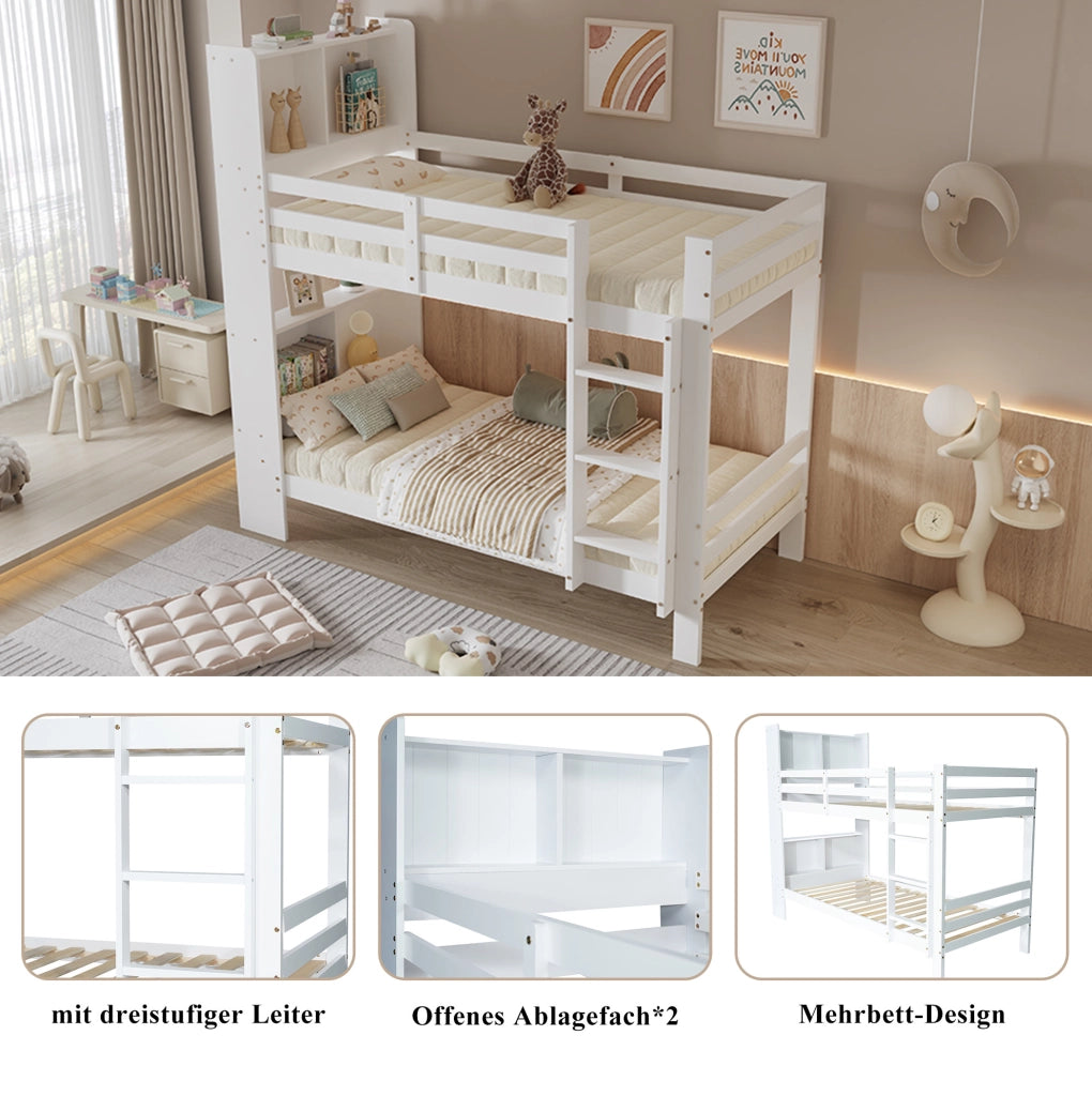 Letto a castello con ripiani e scala angolare a 3 gradini; 90x200 cm; bianco