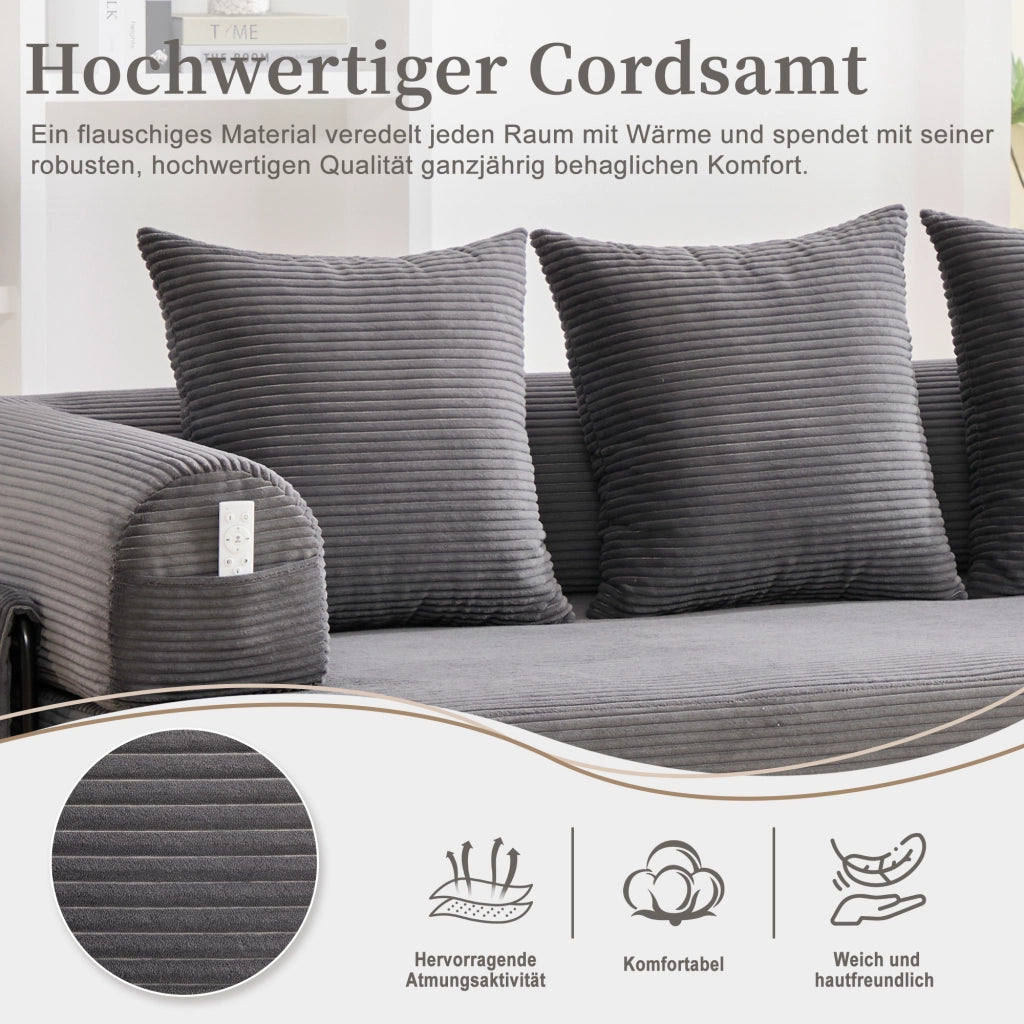 DIVANO modulare in velluto a coste 200x94x67 cm grigio scuro