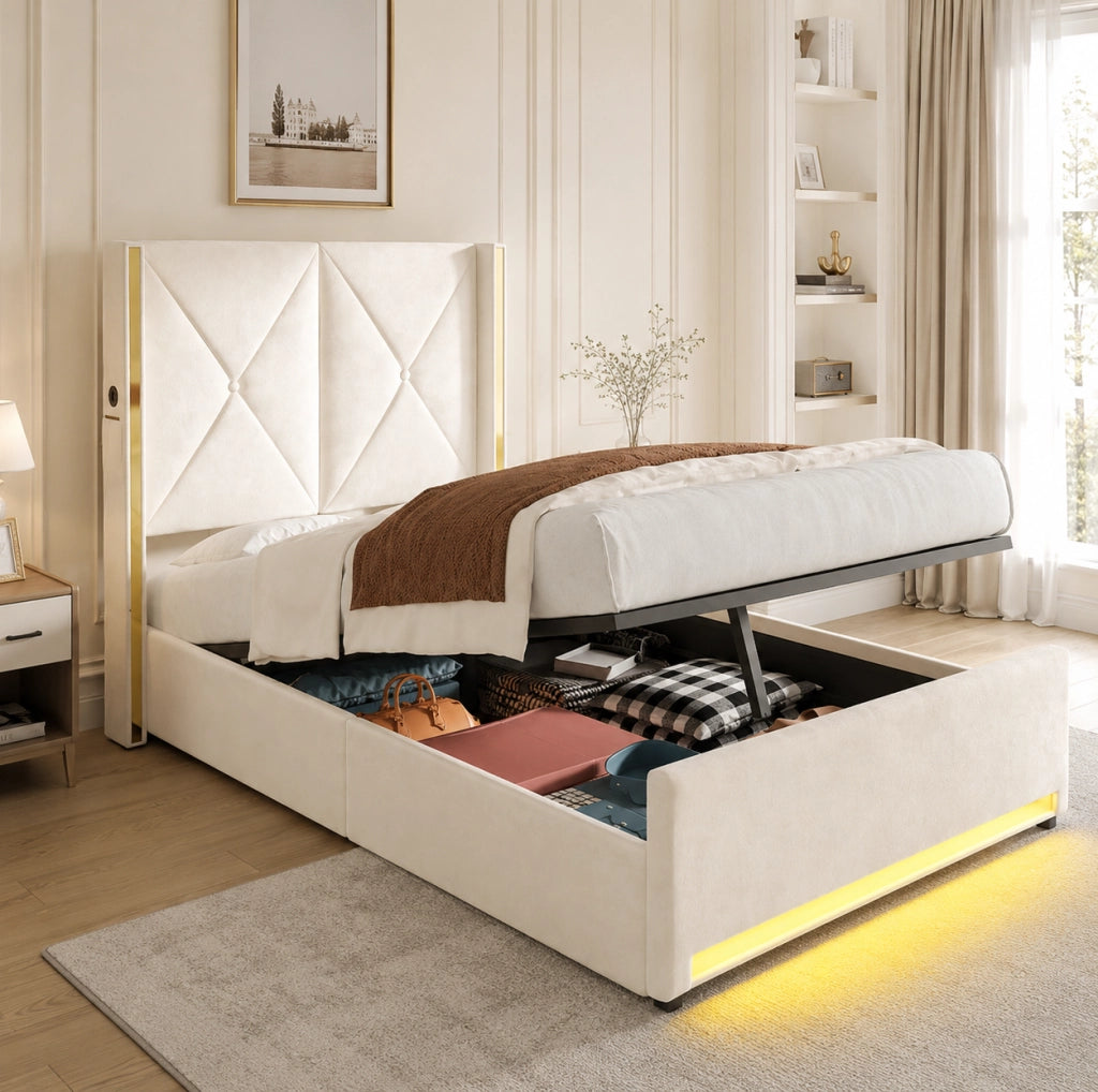 Letto singolo in velluto beige con LED, USB-C e contenitore 90x200