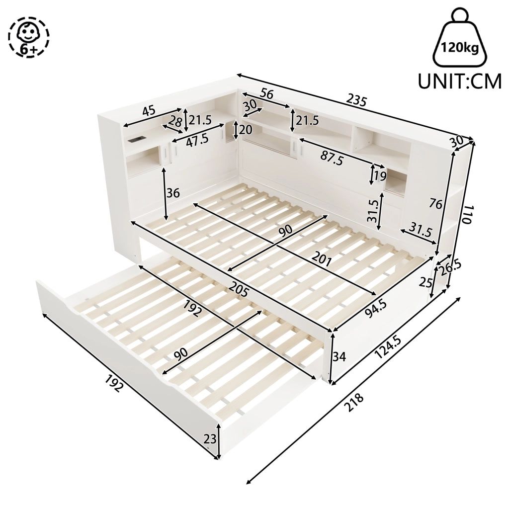Letto singolo 90 × 200 cm con letto estraibile, contenitore con USB, senza materasso, bianco