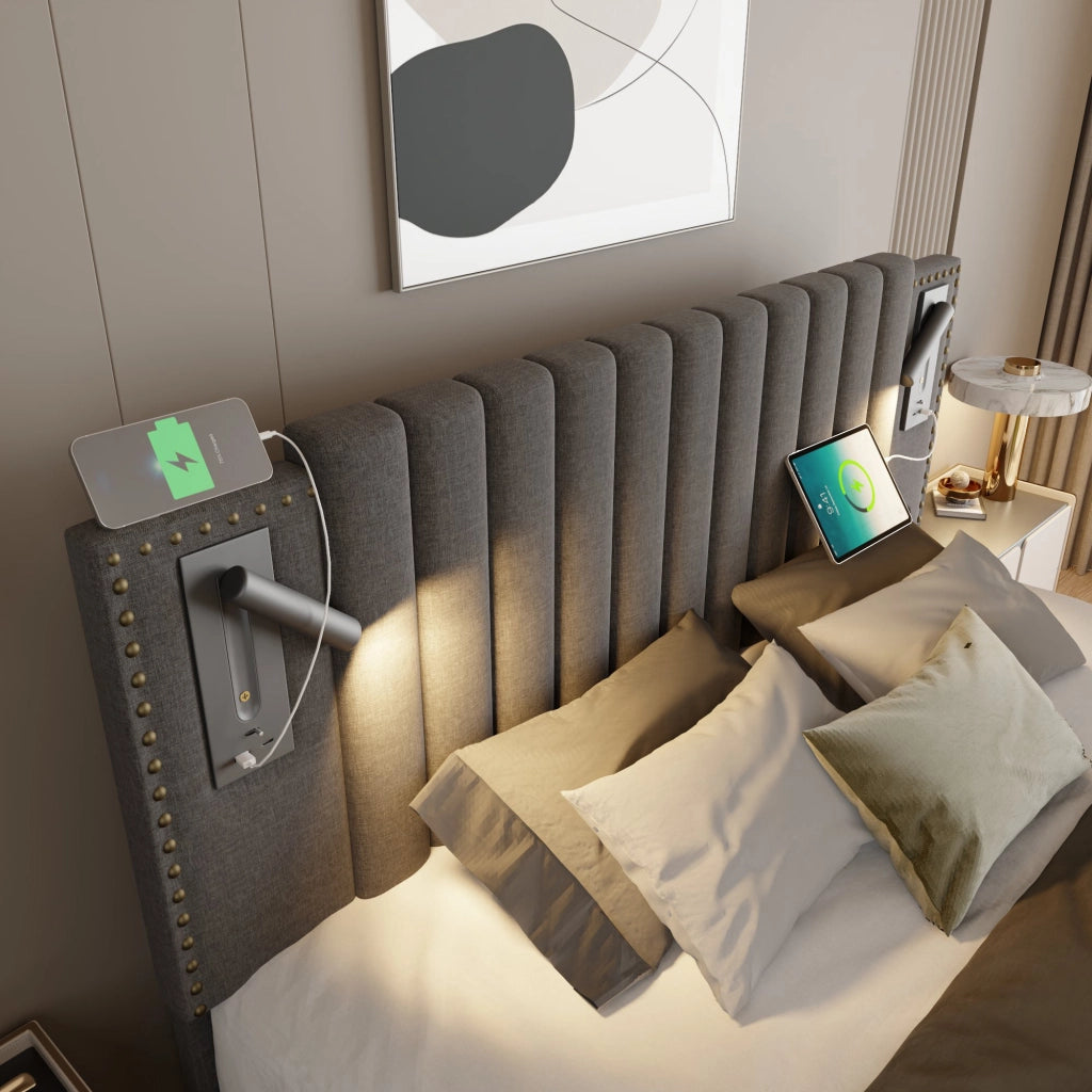 Letto Contenitore 180x200 cm; Letto Matrimoniale con Luce da Lettura; USB e Type-C in Grigio