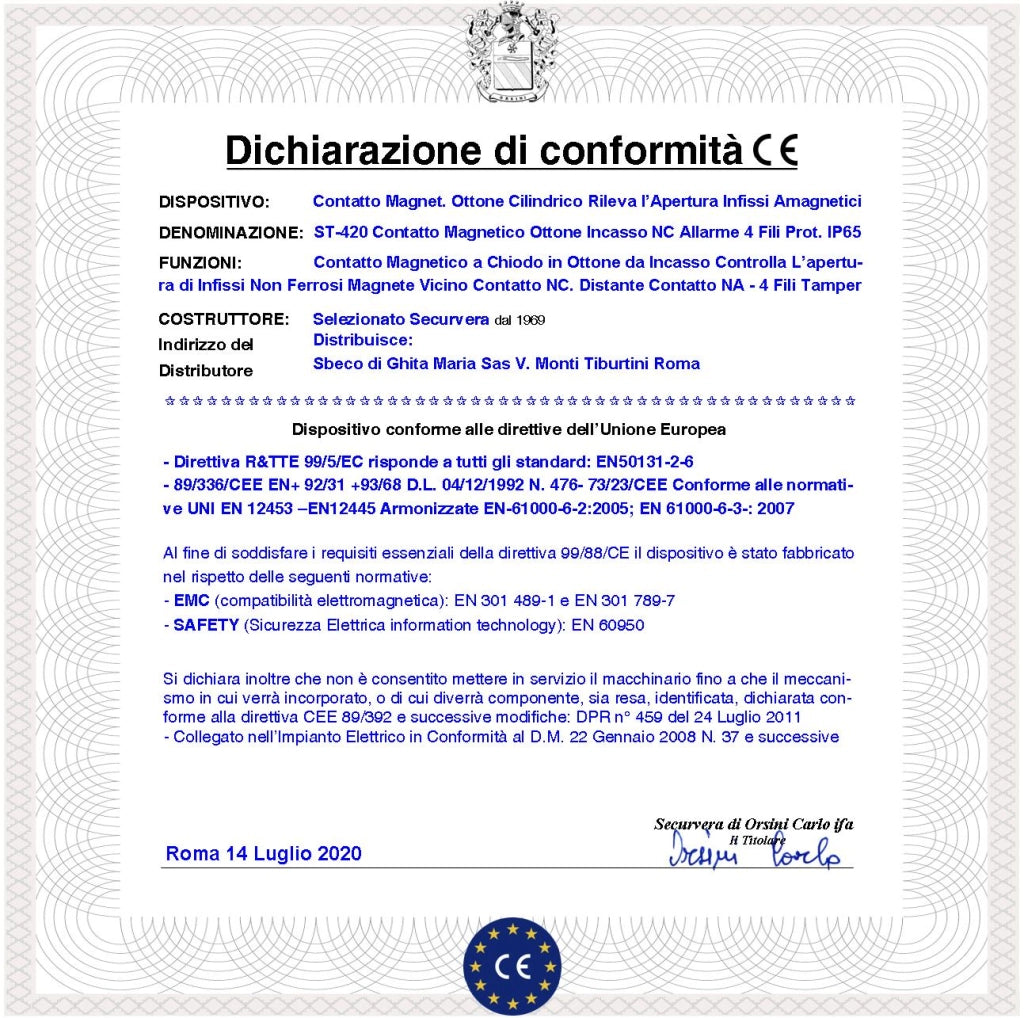 Sensore Magnetico da Incasso Cilindrico Ottone Tre Pezzi Reed NC Collegamento 4 Fili Tensione Transito Max 100 V 10 W Carico Resistivo Antifurto Infissi Non Ferrosi Forma Cilindrica ABS Prot. IP65