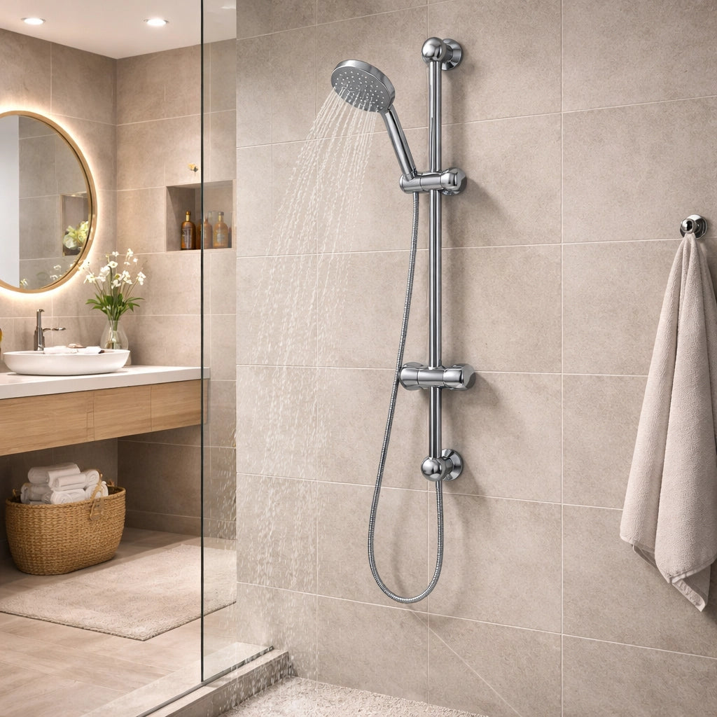 Saliscendi Doccia Cromato 60 cm con Soffione Multigetto Ø8 cm e Portasapone 69131