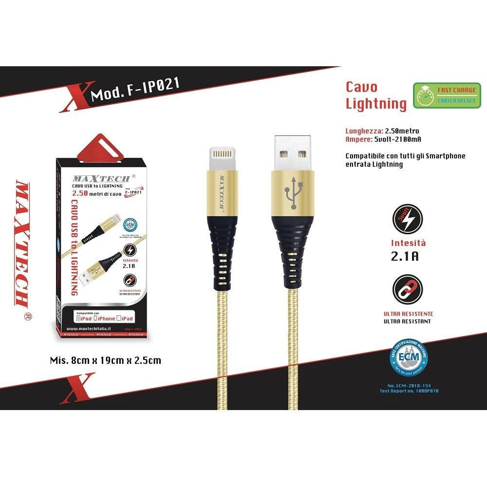 Trade Shop - Cavo Usb A Lightning Per Smartphone 2.1a 2.5mt Trasmissione Dati Maxtech F-ip021 -