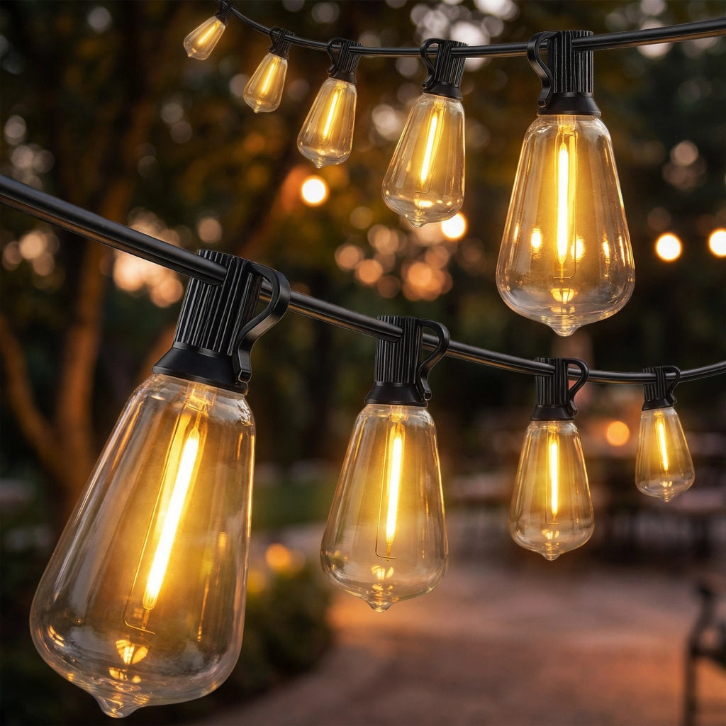 Catena Luminosa da Esterno con 50 Luci LED IP44, in PET e Plastica, 1800x3.8x9 cm, Nero e Trasparente