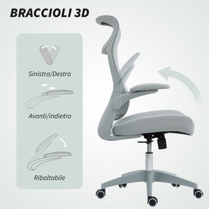 Sedia da Ufficio Ergonomica con Braccioli Regolabili Schienale a Rete e Poggiatesta Grigio