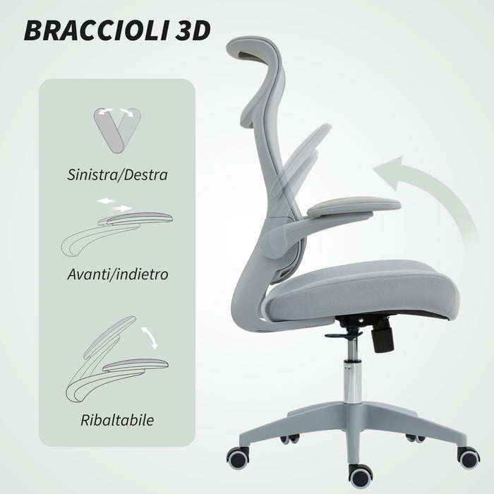 Sedia da Ufficio Ergonomica con Braccioli Regolabili Schienale a Rete e Poggiatesta Grigio