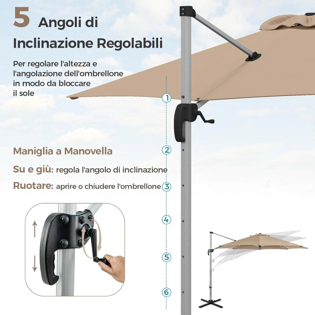 Ombrellone da Giardino 339 cm, Ombrello da Giardino Rotondo con Rotazione a 360°, Ombrellone da Giardino Inclinabile con Base, Ombrello da Sole per Giardino, Patio (Beige)