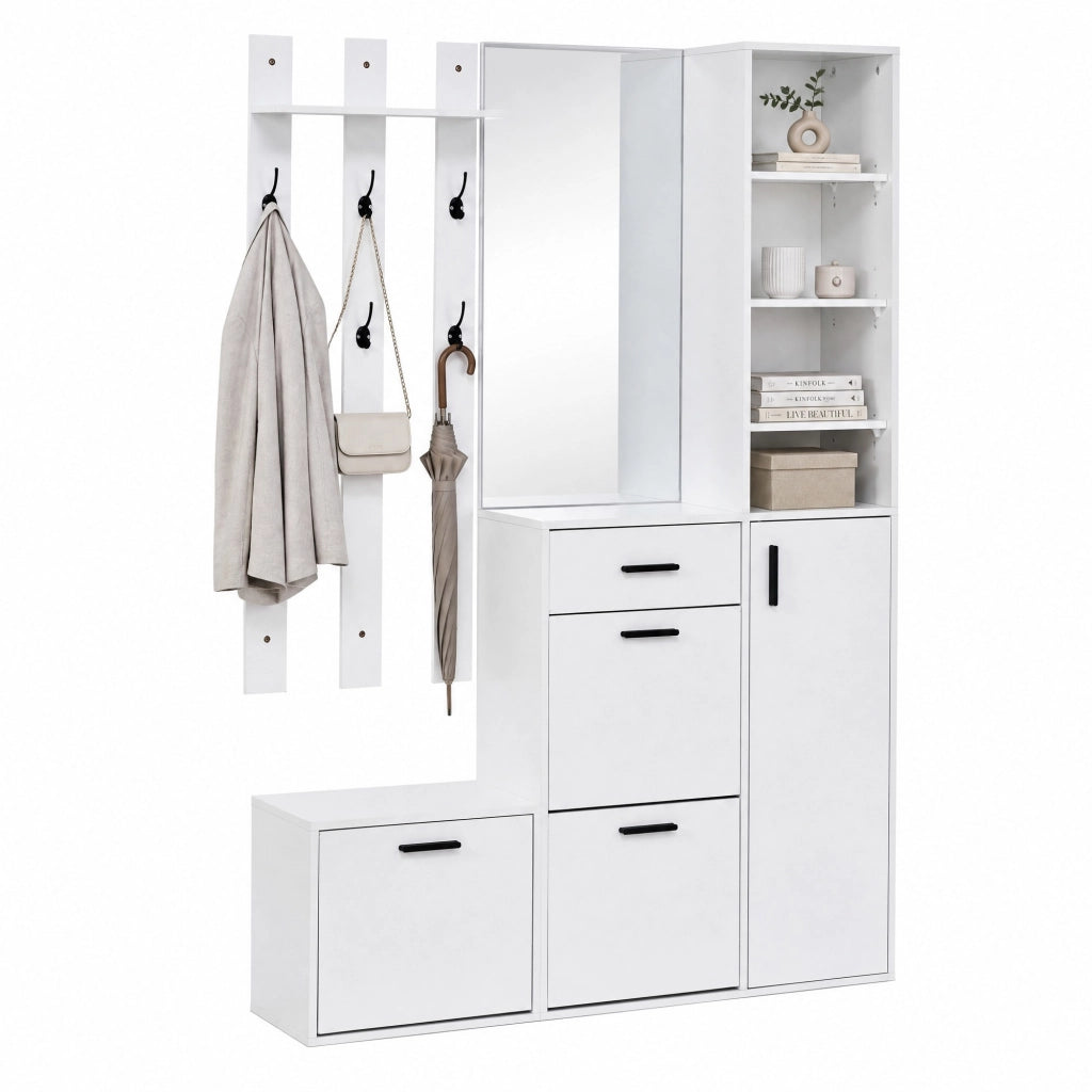 Mobile ingresso con 3 vani scarpe; 1 cassetto; specchio e 6 ganci - per ingresso - 120x30x178 cm - bianco