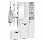 Mobile ingresso con 3 vani scarpe; 1 cassetto; specchio e 6 ganci - per ingresso - 120x30x178 cm - bianco