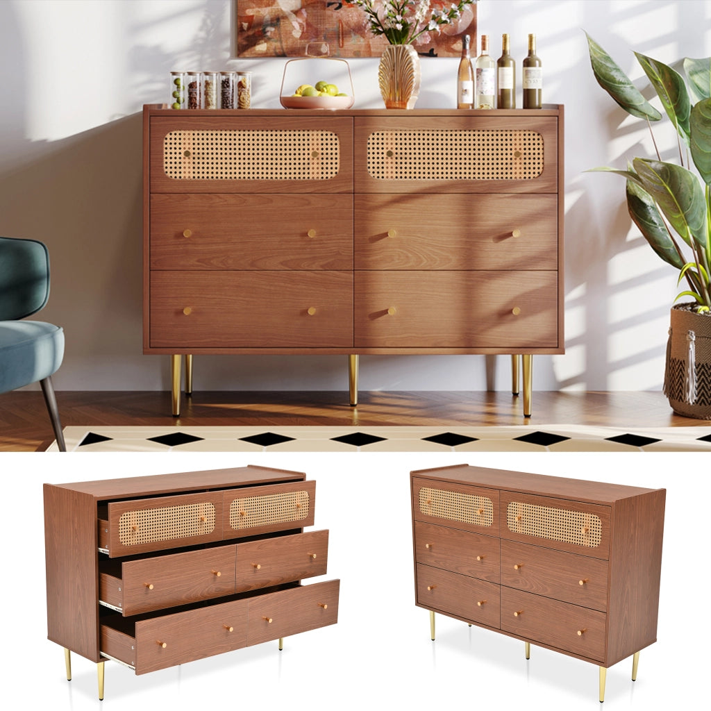Cassettiera con 6 Cassetti e 2 Frontali in Rattan; Angoli Arrotondati; Stile Vintage; in Legno e Metallo; 120×40×90 cm; Noce