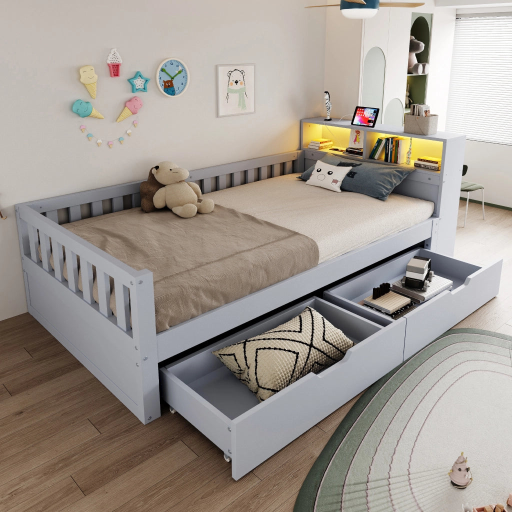 Letto Singolo 90x200 cm con Cassetti; Mensole; LED; USB e Type-C in Legno Grigio