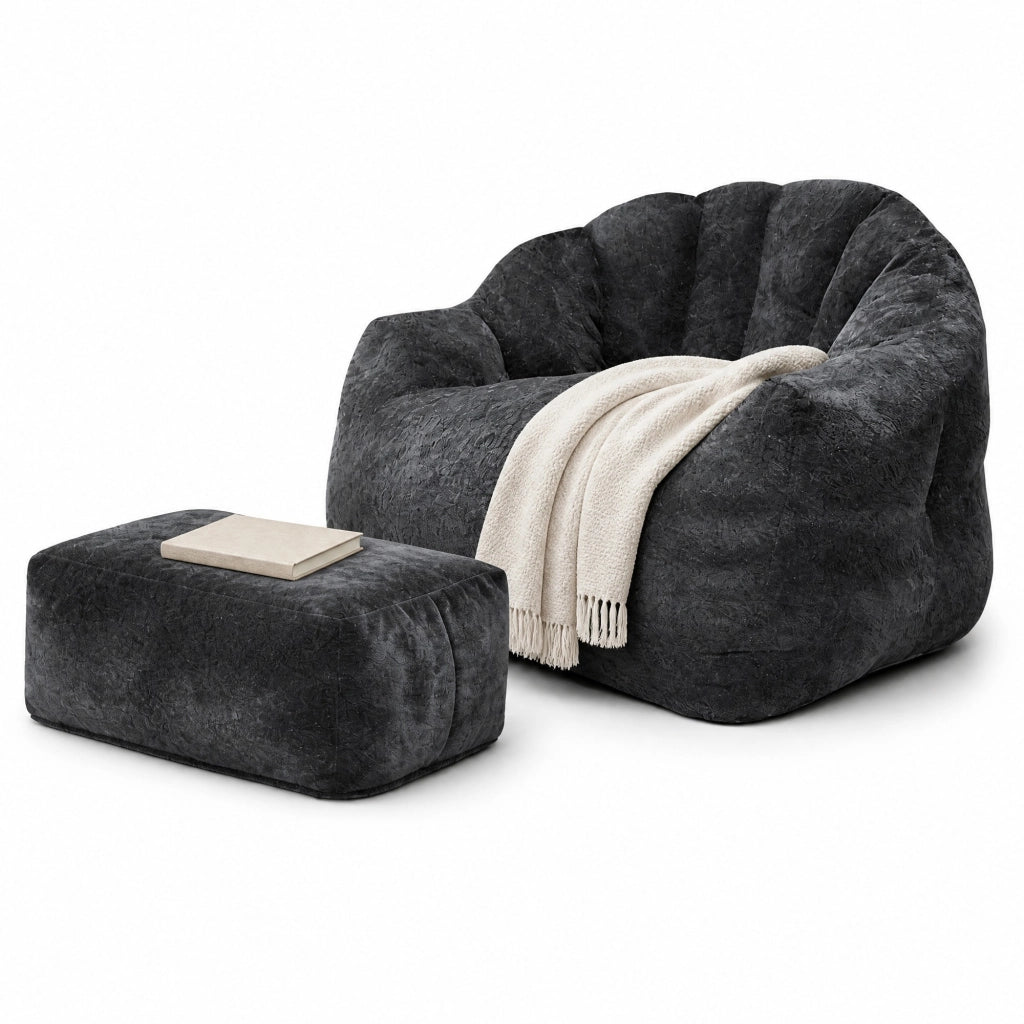 Poltrona relax a petalo nera con pouf coordinato in flanella