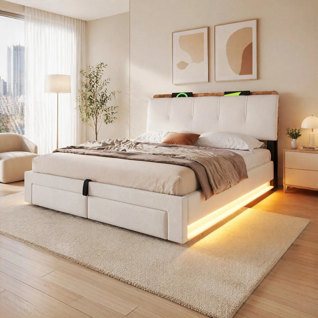 LETTO Contenitore 140x200 cm in lino beige con USB, Type-C e LED