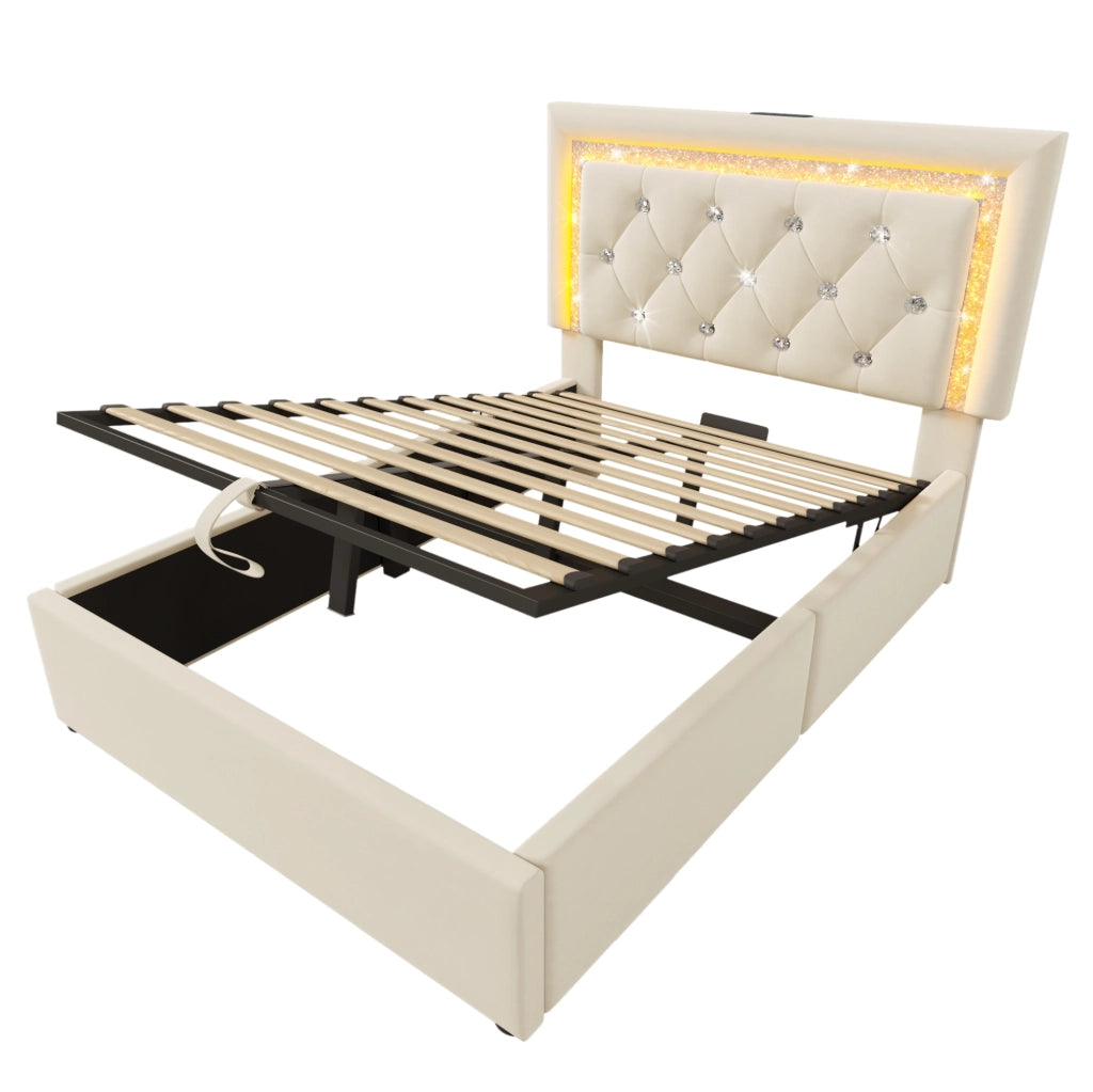Letto 90x200 cm in velluto beige con LED; USB Type-C; contenitore e materasso