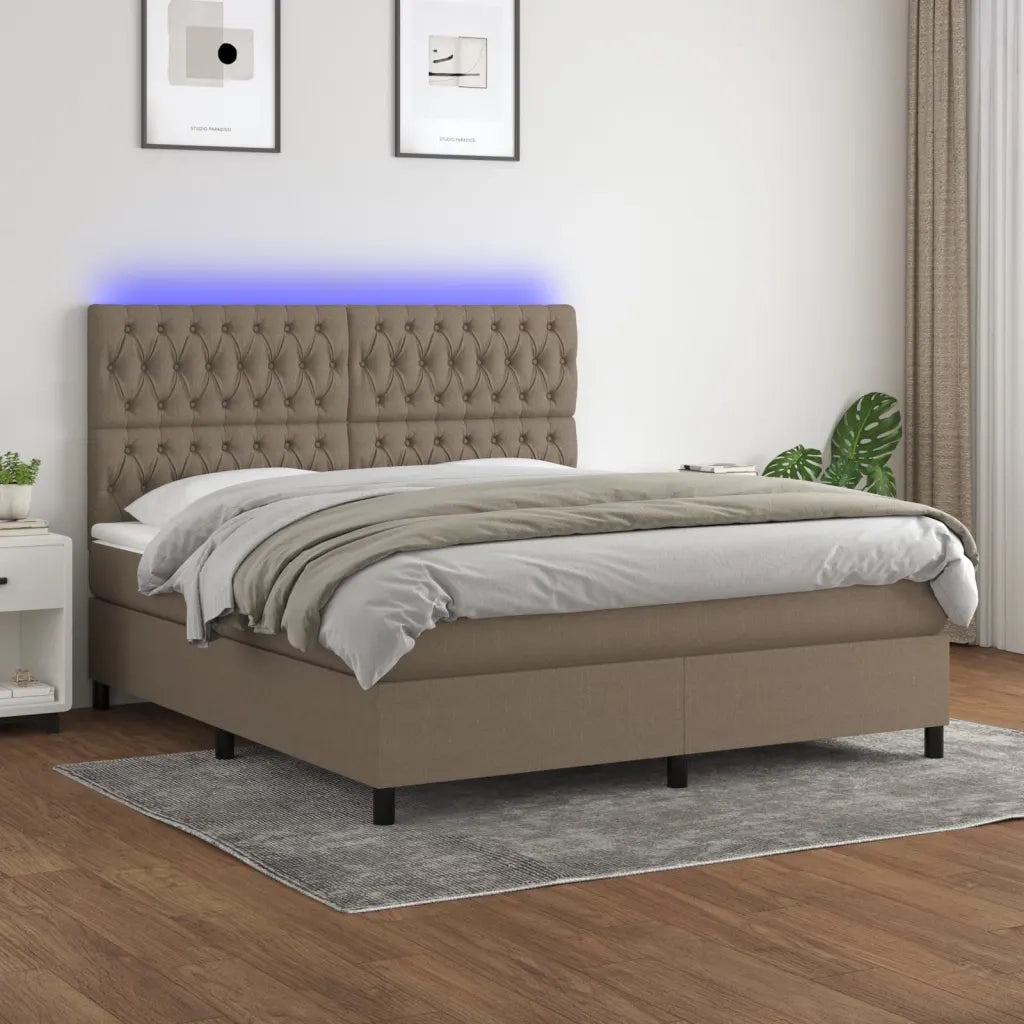 Letto a Molle con Materasso e LED Tortora 160x200 cm in Tessuto